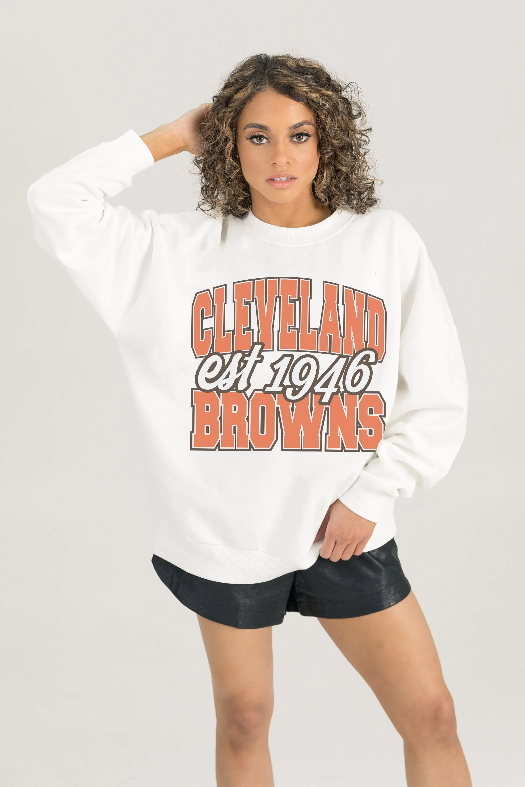 CLEVELAND BROWNS FADED FORMATION PREMIUM FLEECE CREWNECK PULLOVER