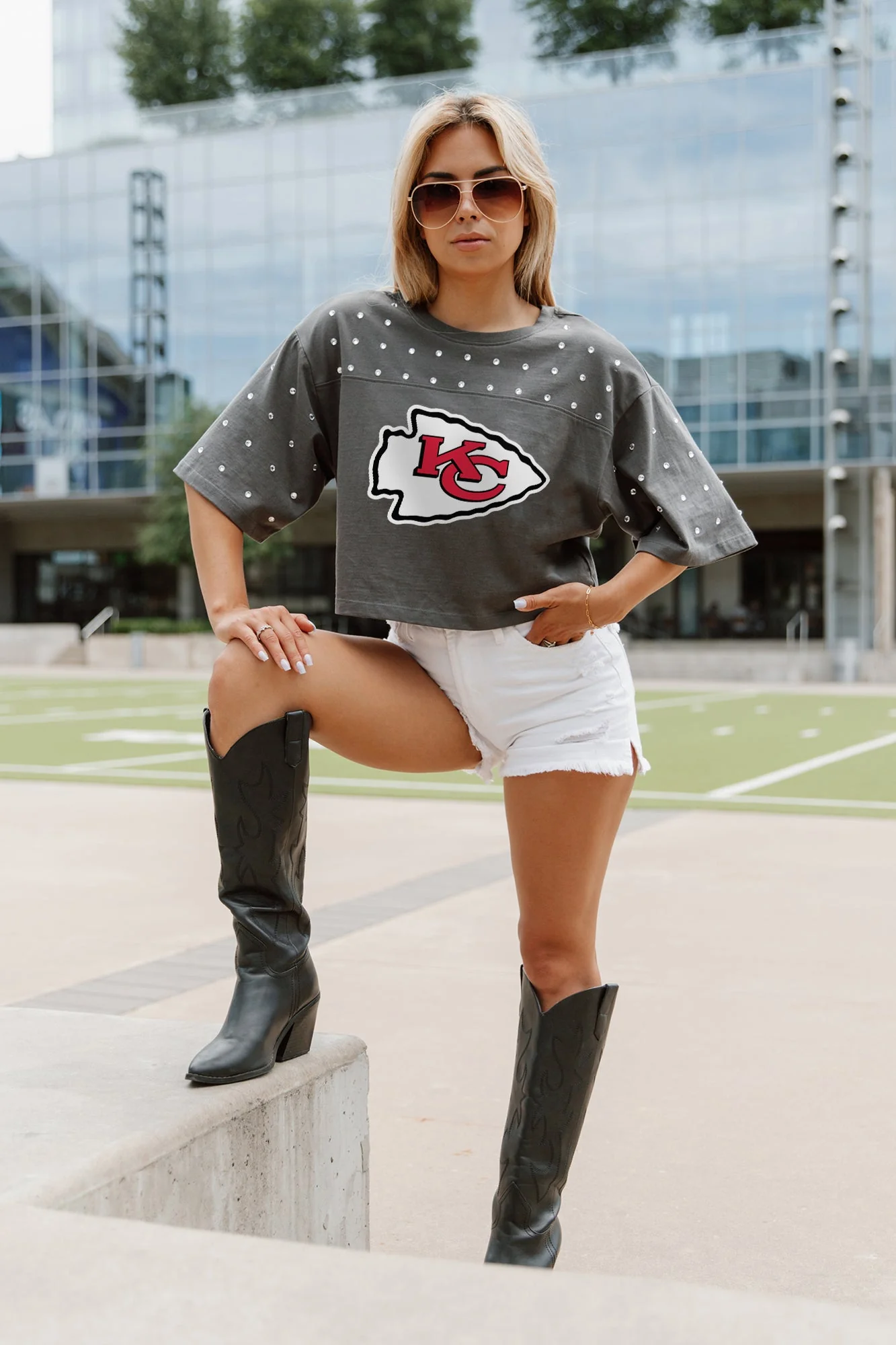 KANSAS CITY CHIEFS Making Moves Rhinestone Crop Tee With Yoke