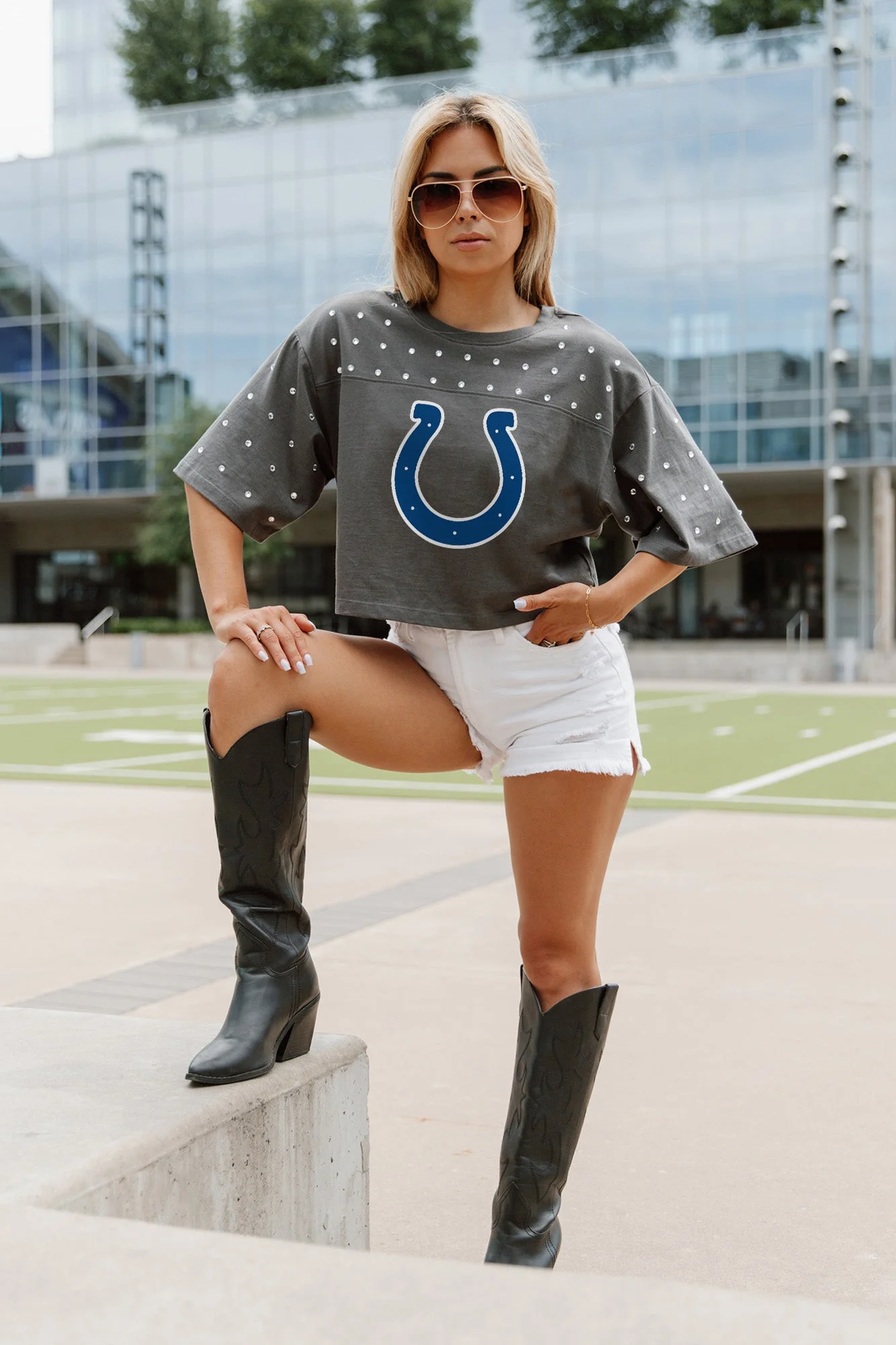 INDIANAPOLIS COLTS Making Moves Rhinestone Crop Tee With Yoke