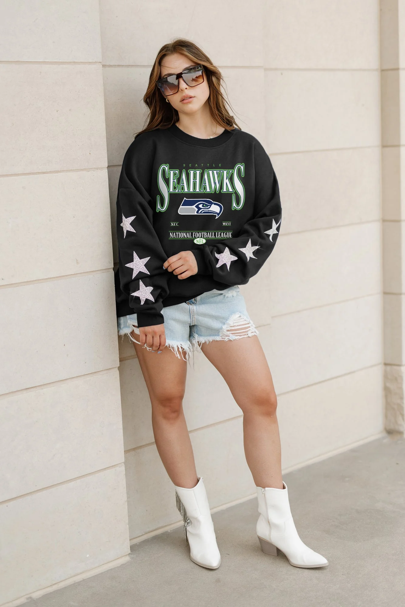 SEATTLE SEAHAWKS Gameday Glimmer Embellished Star-Sleeve Pullover