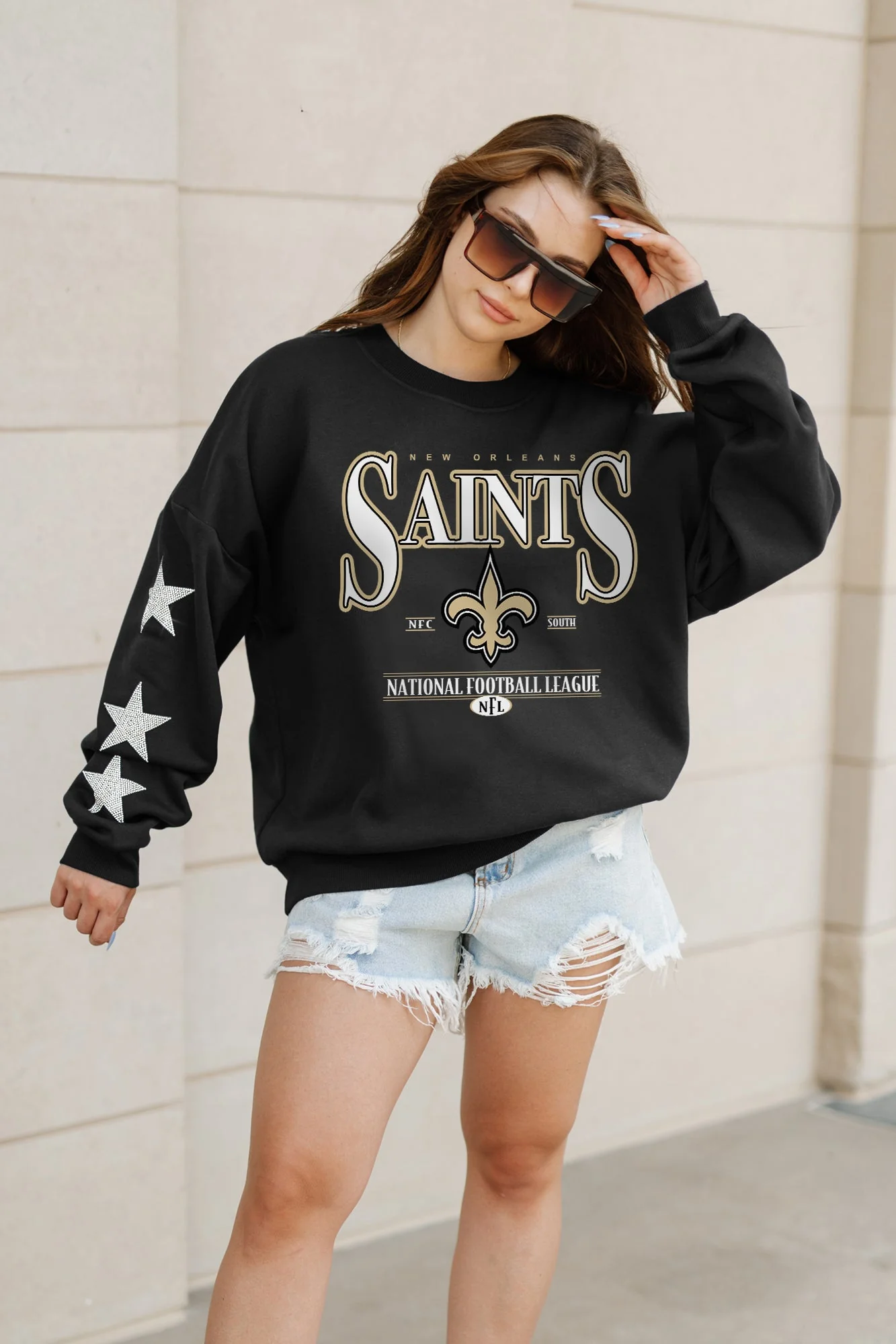 NEW ORLEANS SAINTS Gameday Glimmer Embellished Star-Sleeve Pullover