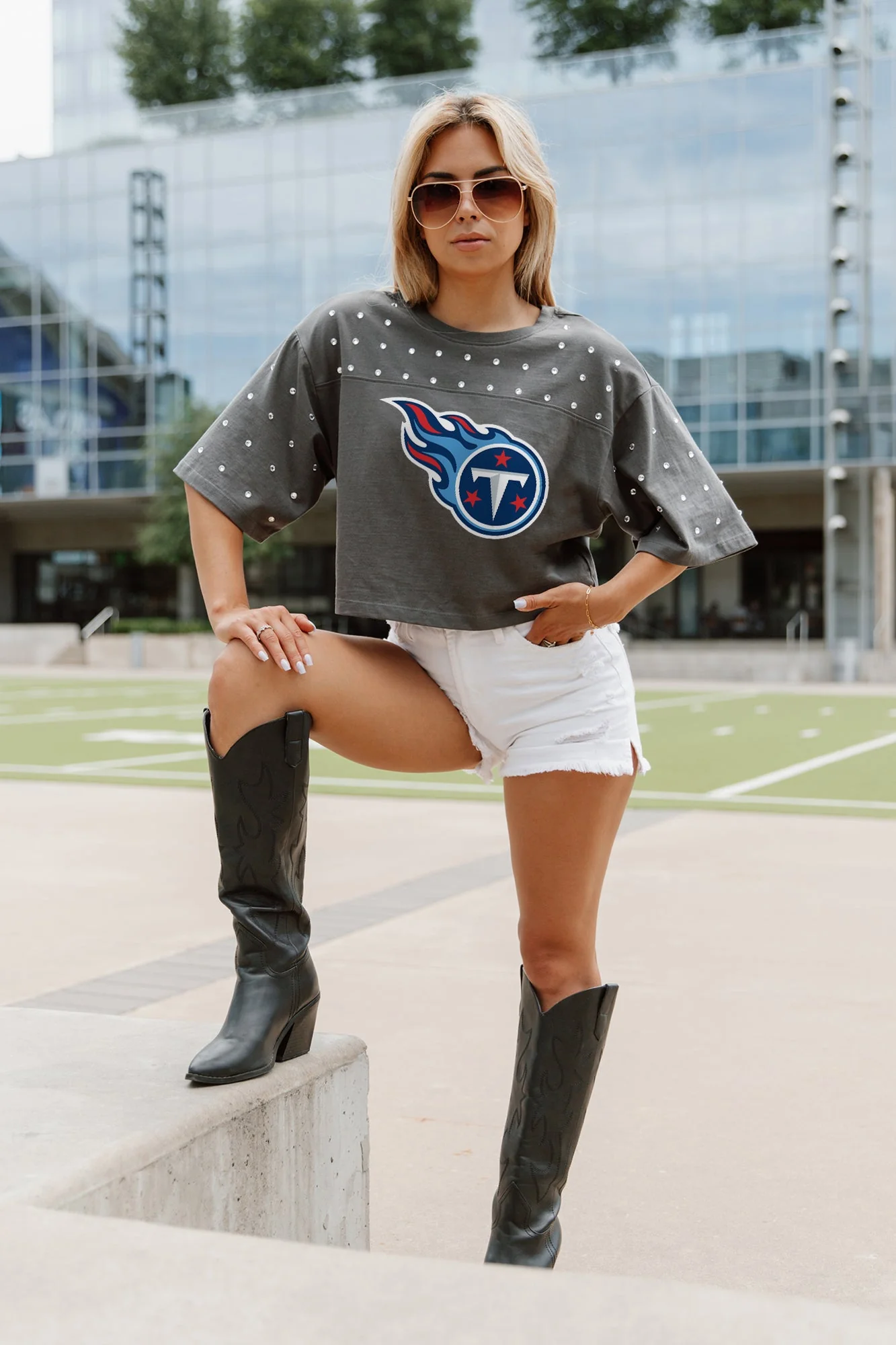 TENNESSEE TITANS Making Moves Rhinestone Crop Tee With Yoke