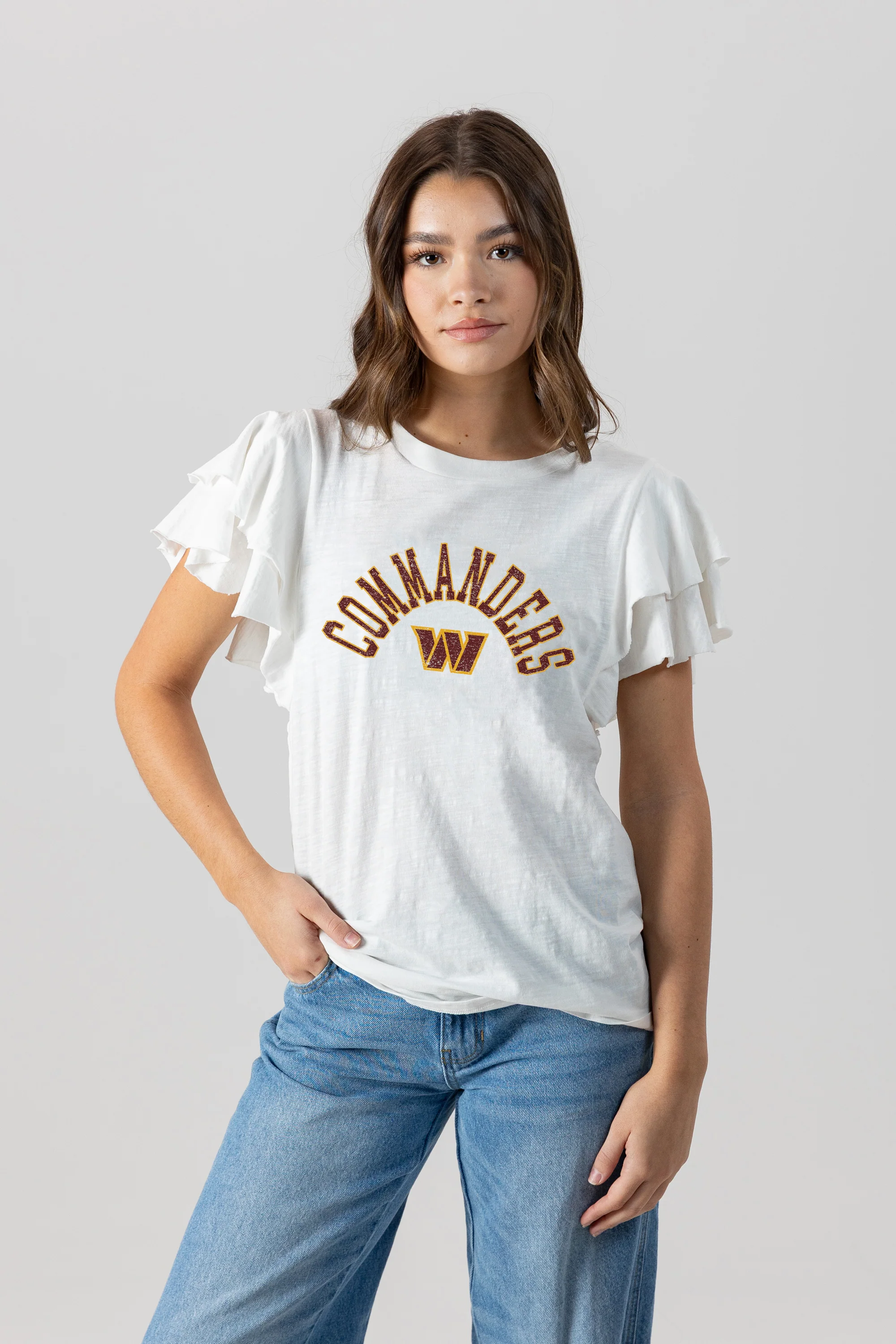 WASHINGTON COMMANDERS Valkyrie Ruffle-Sleeve Knit Top