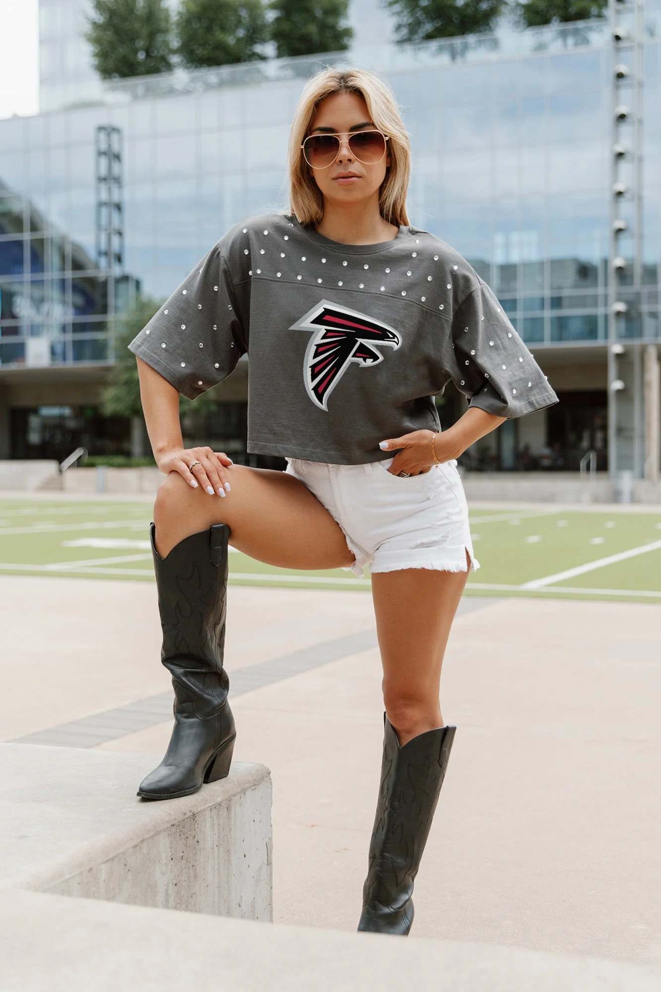 ATLANTA FALCONS Making Moves Rhinestone Crop Tee With Yoke