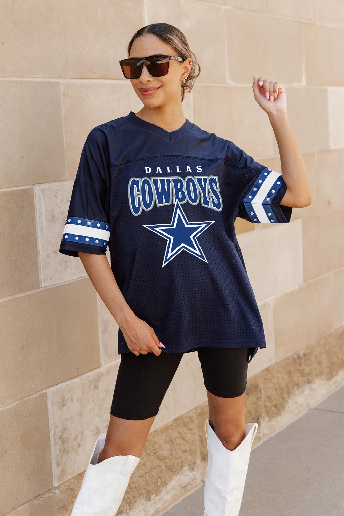 DALLAS COWBOYS Royalty Oversized Rhinestone-Striped Top