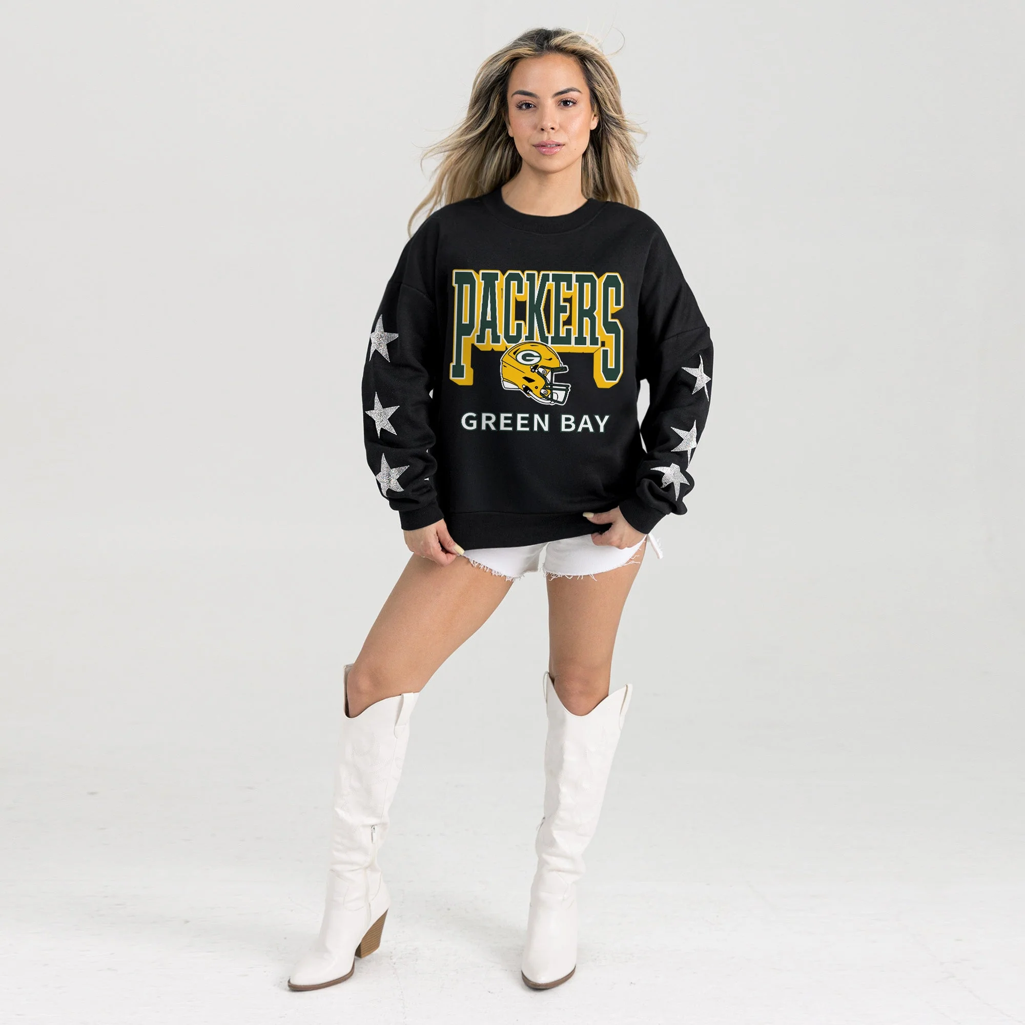 GREEN BAY PACKERS PURE VICTORY STAR EMBELLISHED CREW SWEATSHIRT
