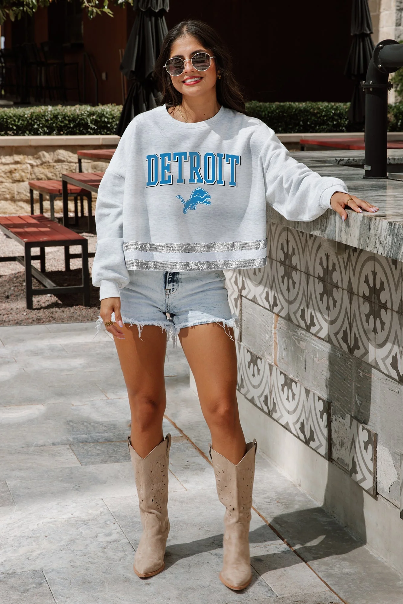 DETROIT LIONS Pass The Shine Long-Sleeve Metallic-Stripe Top