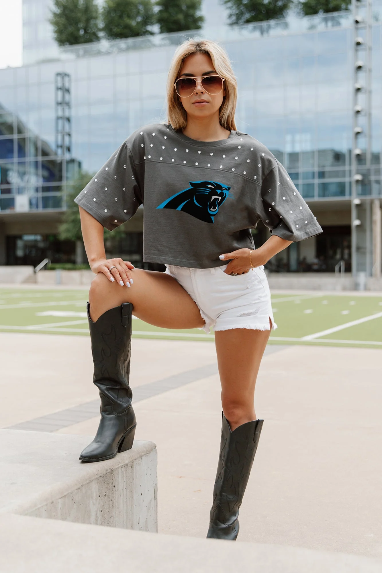 CAROLINA PANTHERS Making Moves Rhinestone Crop Tee With Yoke