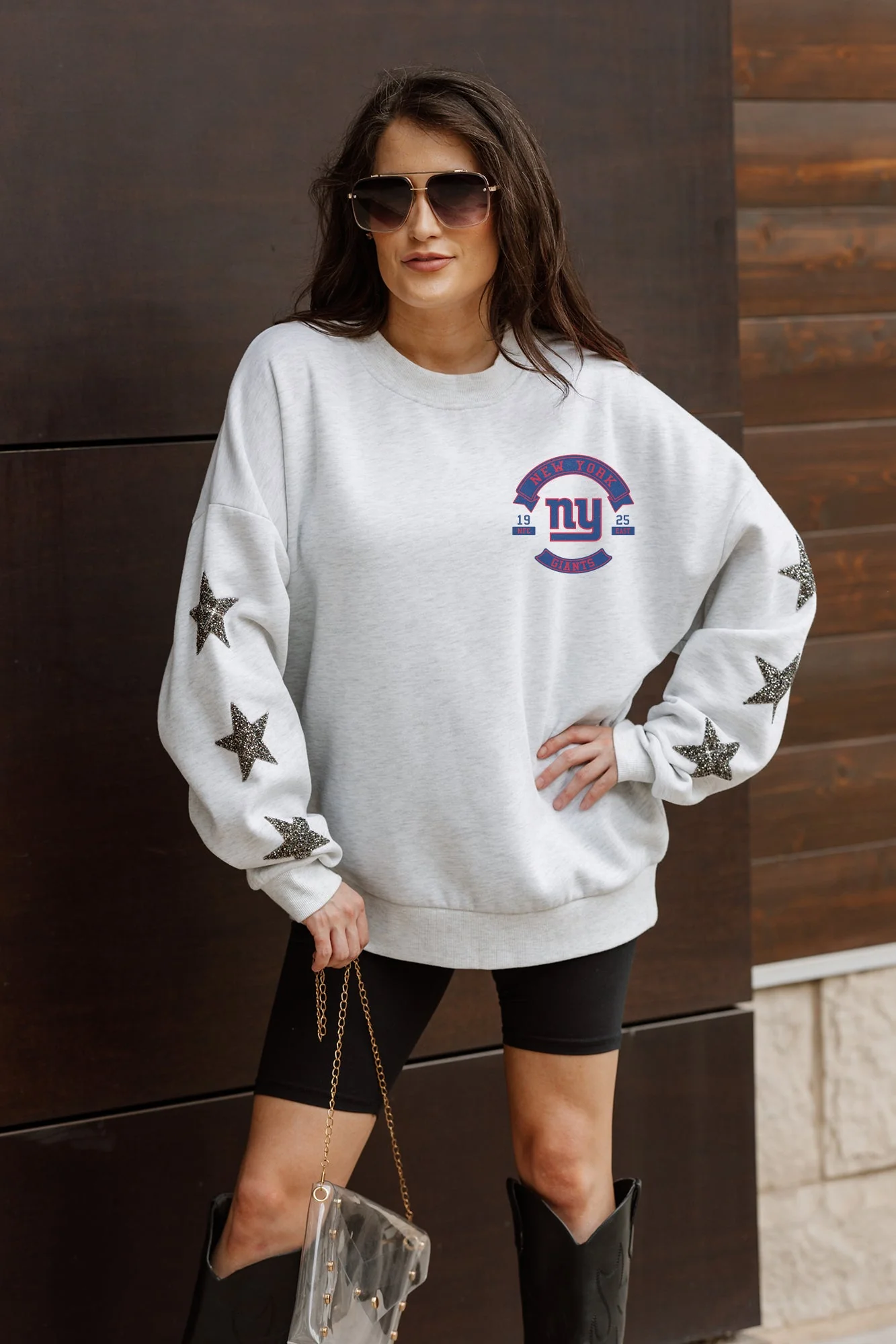 NEW YORK GIANTS Ready For It Star-Sleeve Crewneck Pullover