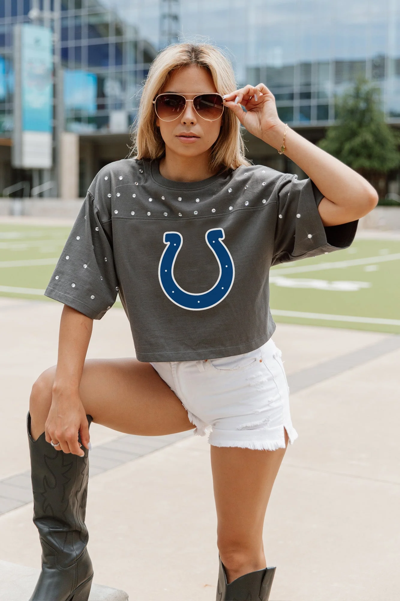 INDIANAPOLIS COLTS Making Moves Rhinestone Crop Tee With Yoke