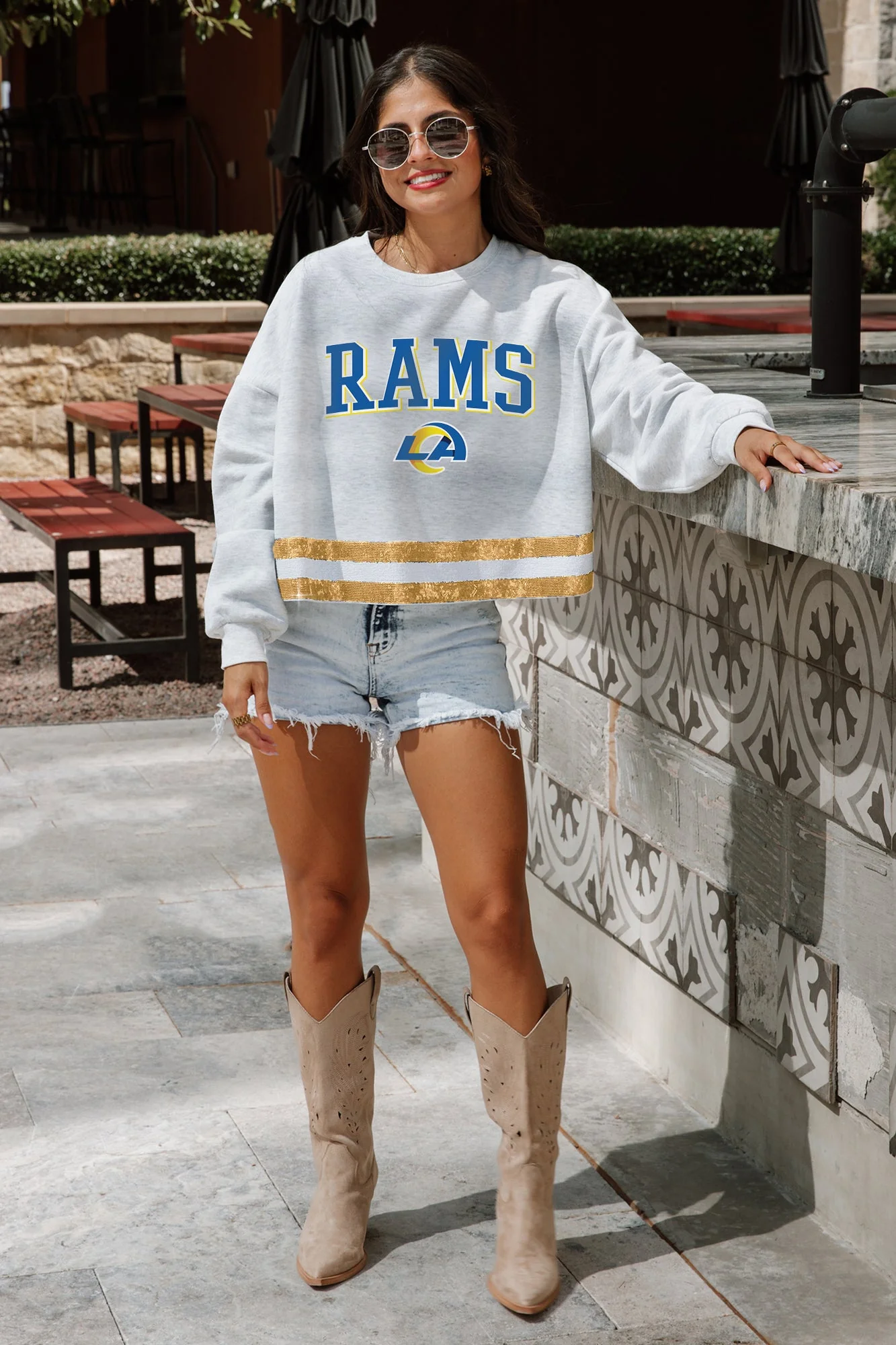 LOS ANGELES RAMS Pass The Shine Long-Sleeve Metallic-Stripe Top