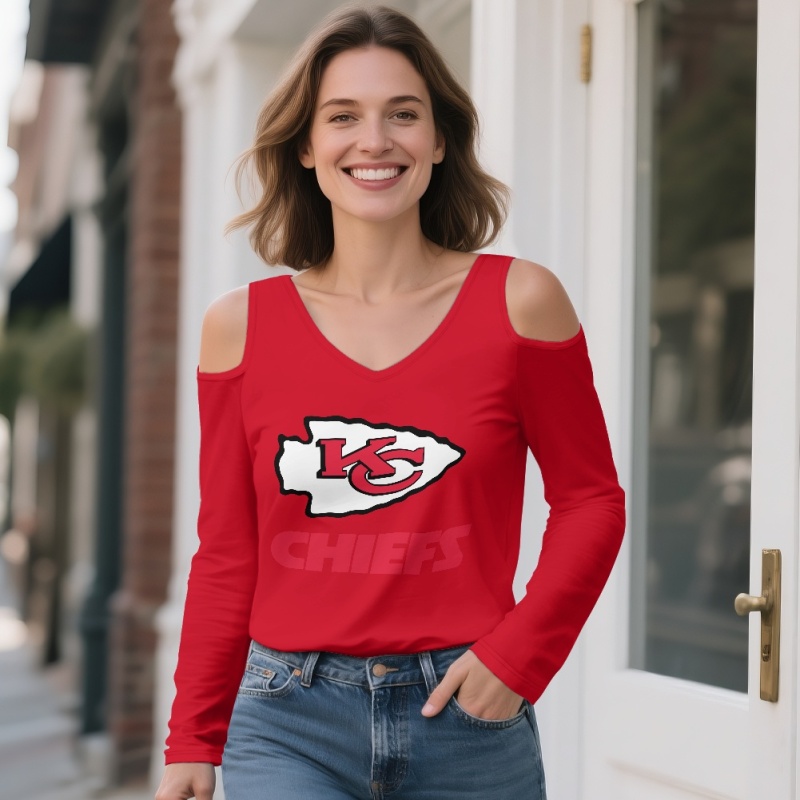KANSAS CITY CHIEFSOff-shoulder V-neck women's long-sleeved T-shirt-3