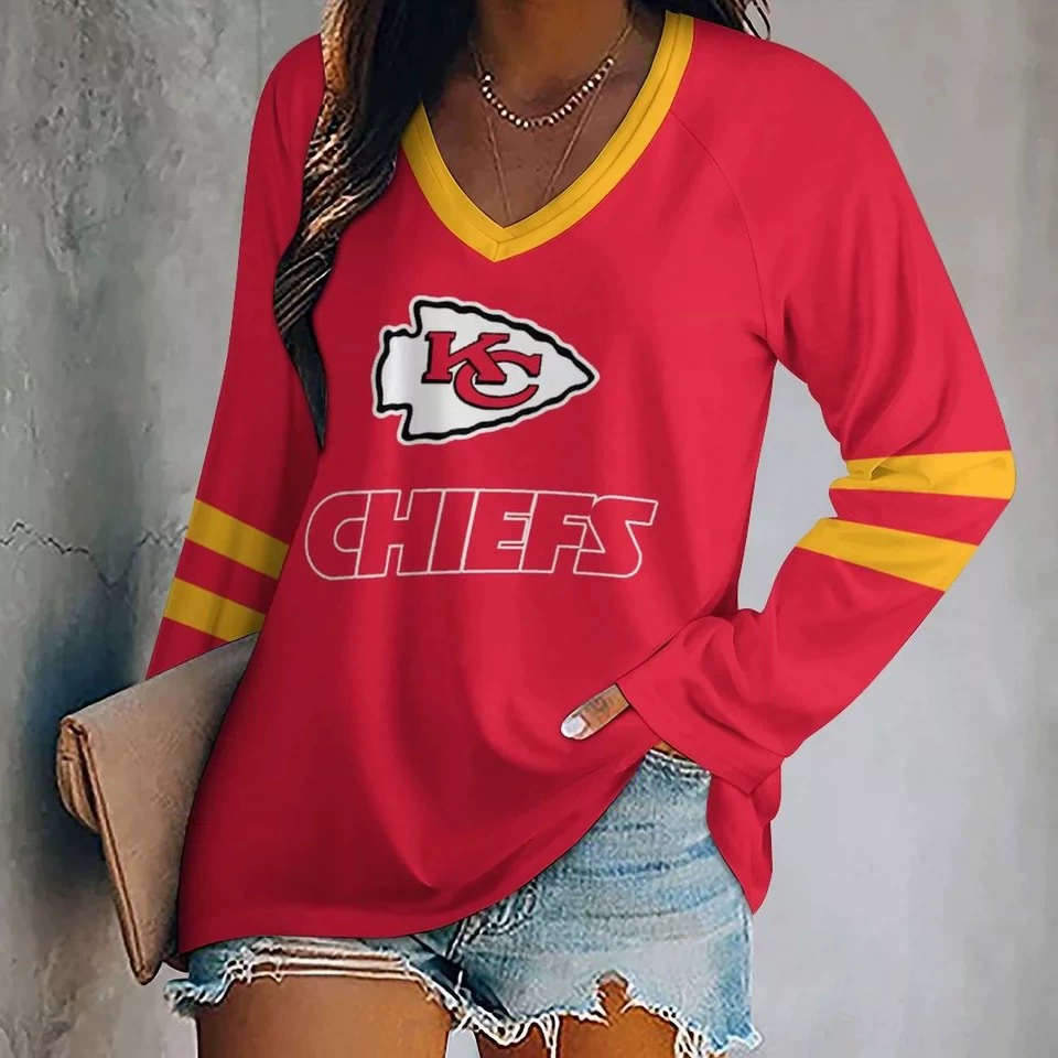 KANSAS CITY CHIEFSV-neck Patchwork Casual Printed T-shirt