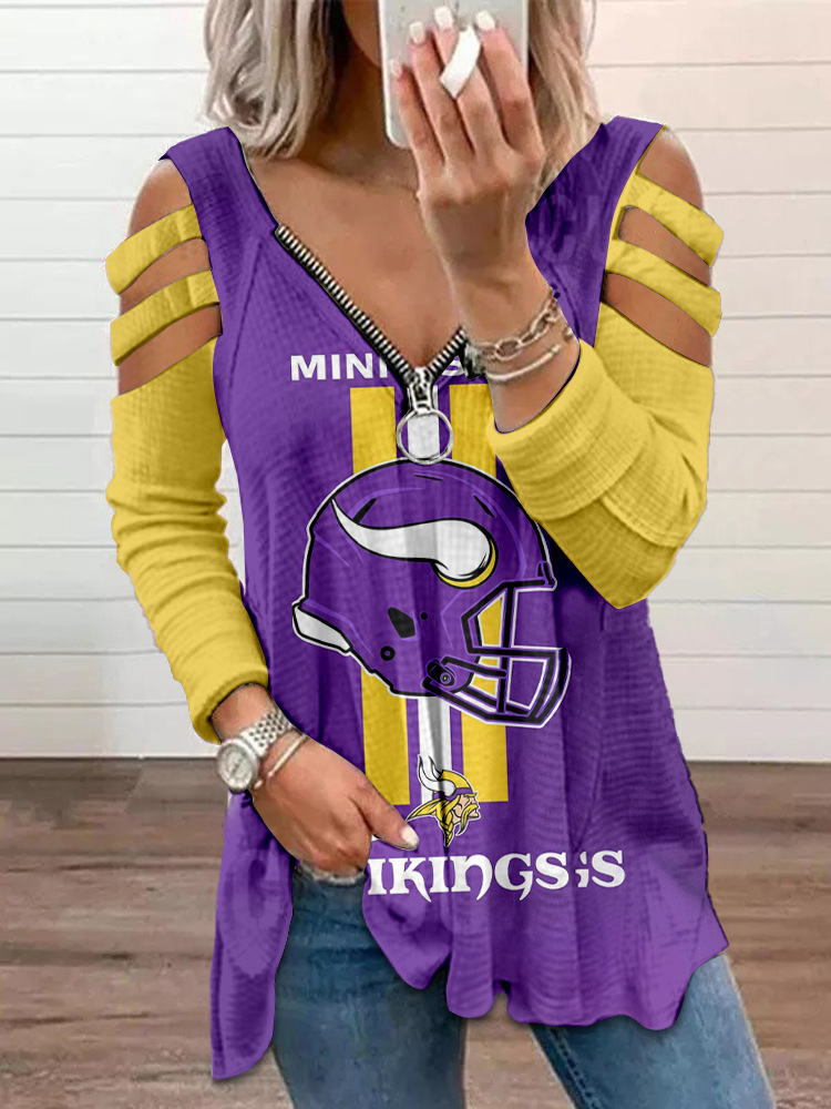 MINNESOTA VIKINGS V-neck pullover printed long-sleeved loose top2 for women
