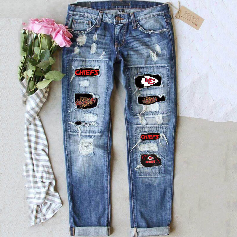 KANSAS CITY CHIEFScasual fashion perforated printed jeans