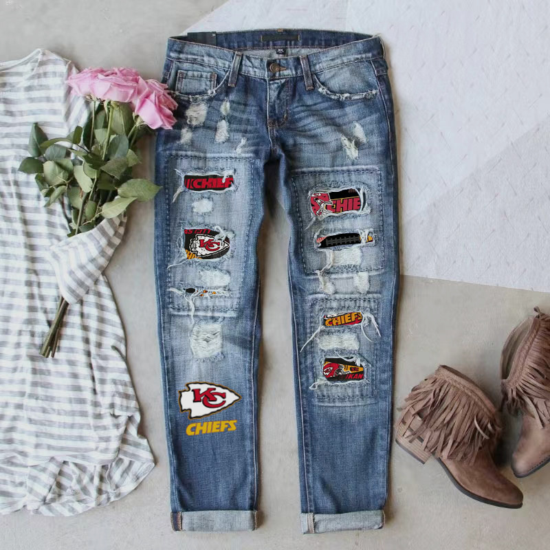 KANSAS CITY CHIEFSNew casual fashion perforated printed jeans
