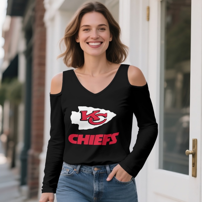 KANSAS CITY CHIEFSOff-shoulder V-neck women's long-sleeved T-shirt-2