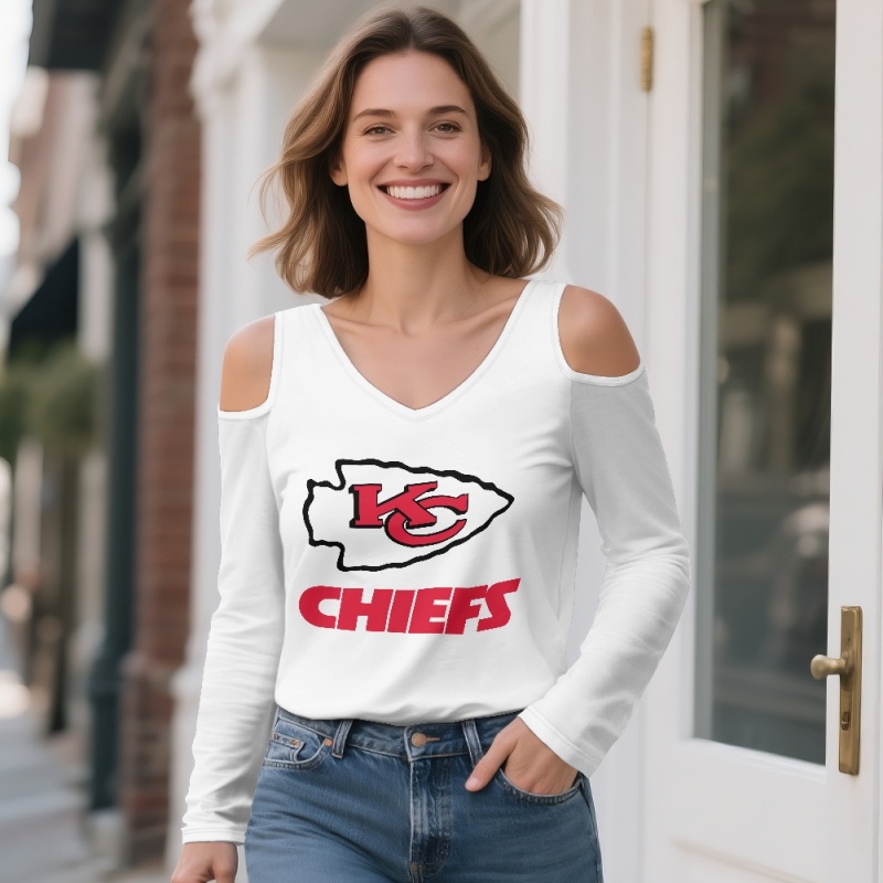 KANSAS CITY CHIEFSOff-shoulder V-neck women's long-sleeved T-shirt-1