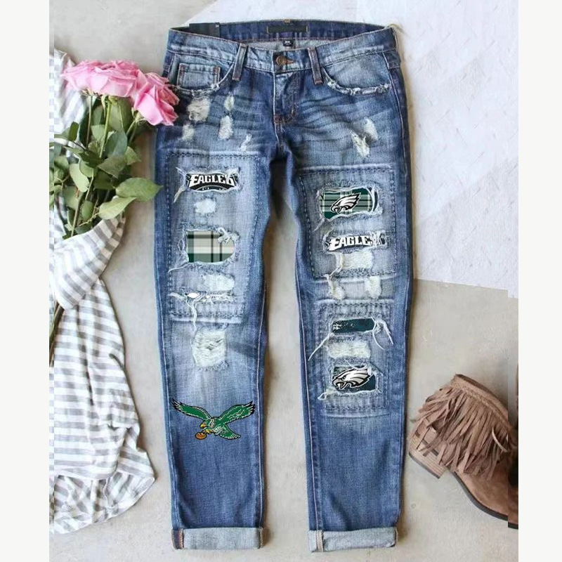 Philadelphia Eagles casual fashion perforated printed jeans