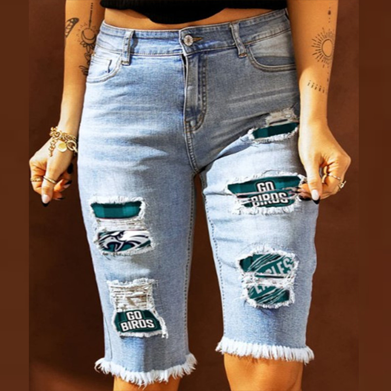 Philadelphia Eagles New Casual fashion perforated printed mid-rise jeans