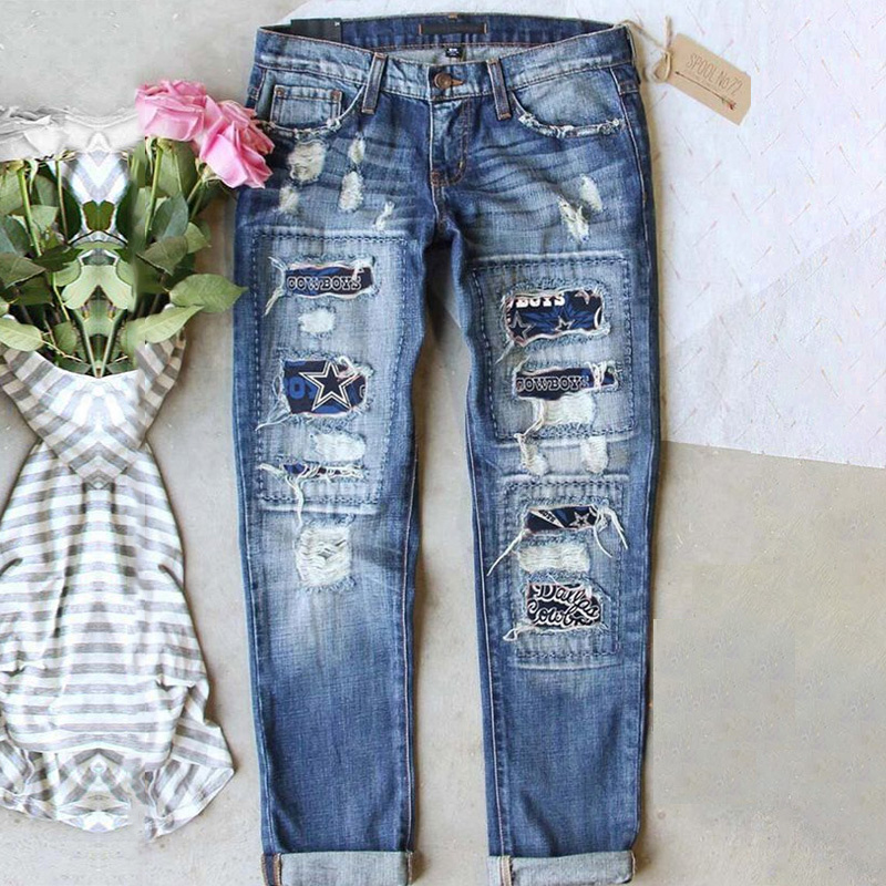 DALLAS COWBOYScasual fashion perforated printed jeans