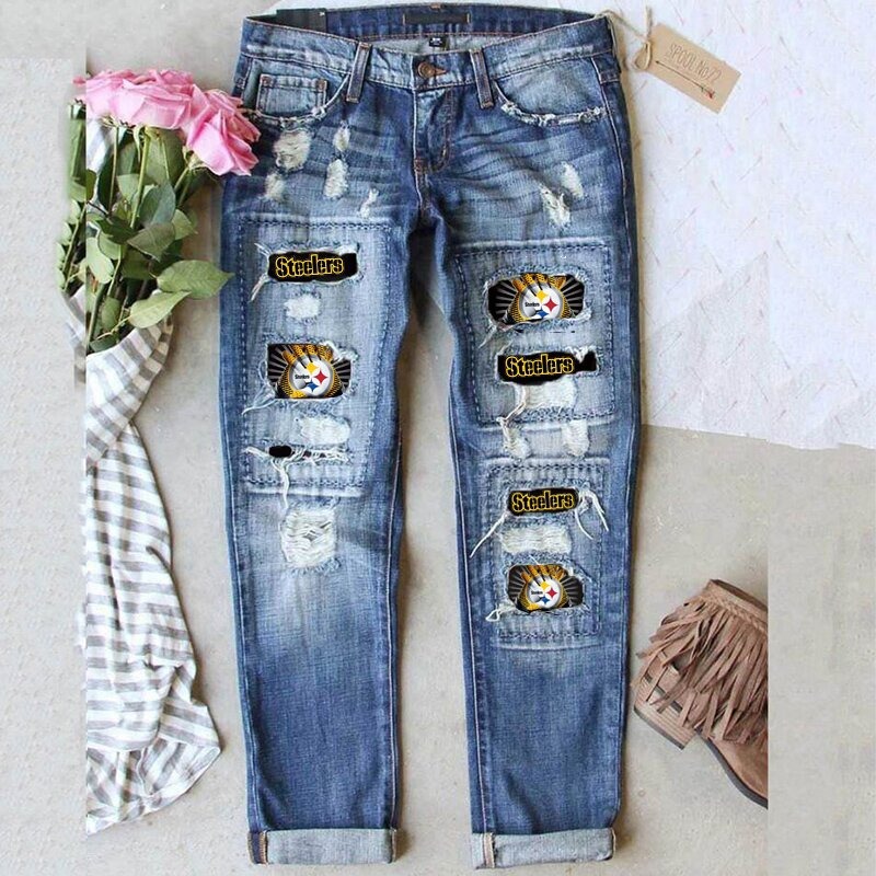 Pittsburgh Steelers casual fashion perforated printed jeans