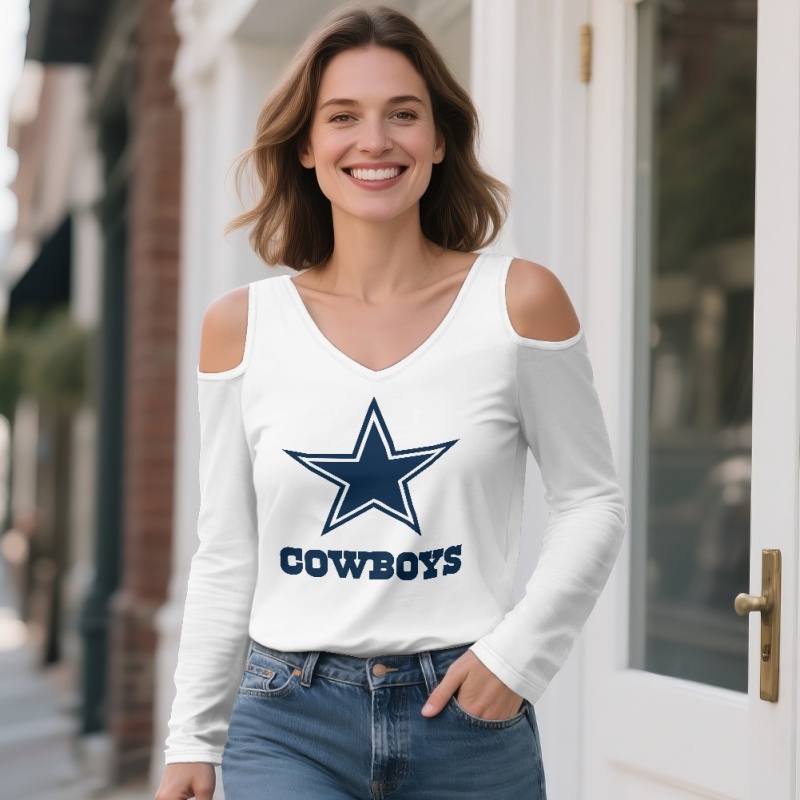 Dallas Cowboys Off-shoulder V-neck women's long-sleeved T-shirt-1