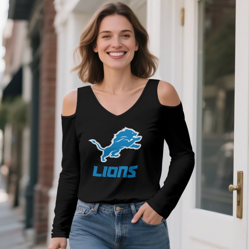 Detroit Lions Off-shoulder V-neck women's long-sleeved T-shirt-2