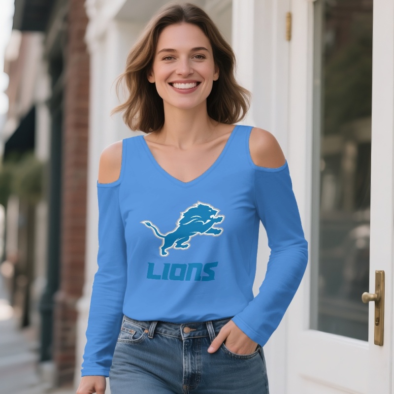 Detroit Lions Off-shoulder V-neck women's long-sleeved T-shirt-3