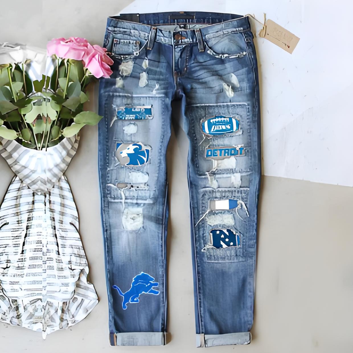 Detroit Lions New casual fashion perforated printed jeans