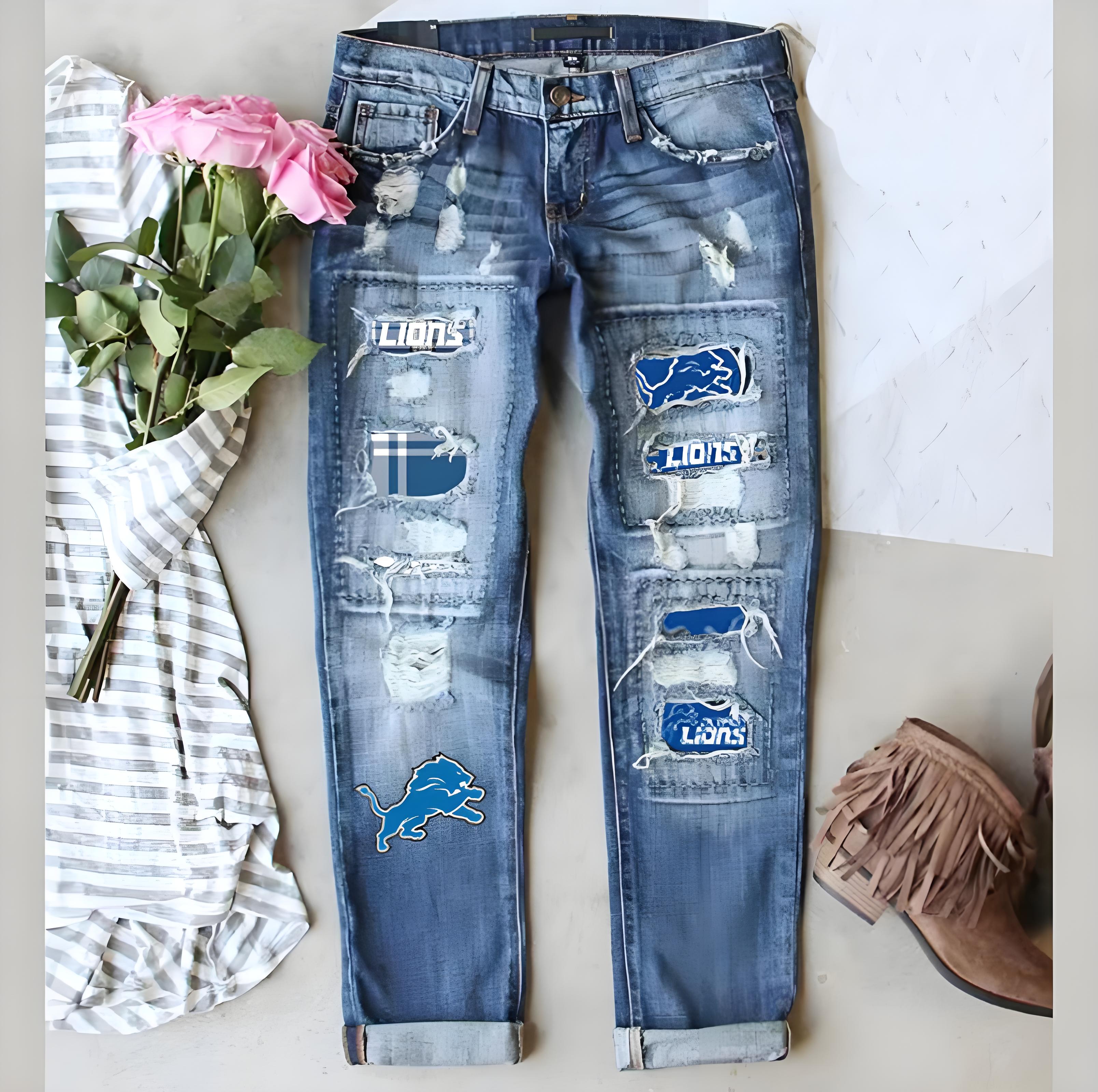 Detroit Lions casual fashion perforated printed jeans