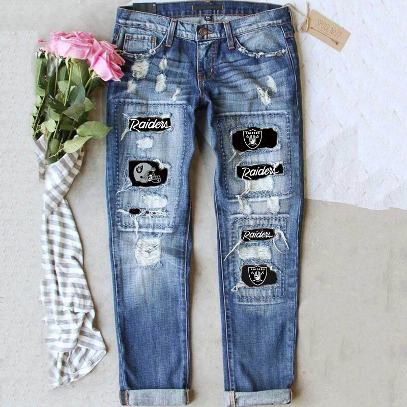 Las Vegas Raiders casual fashion perforated printed jeans
