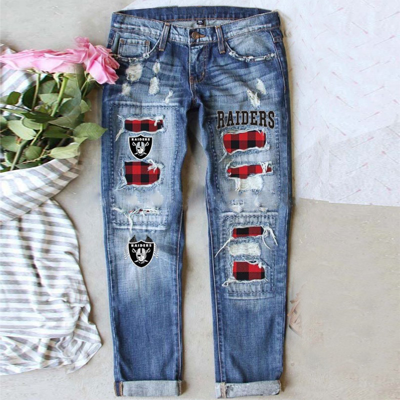 Las Vegas Raiders casual fashion perforated printed jeans