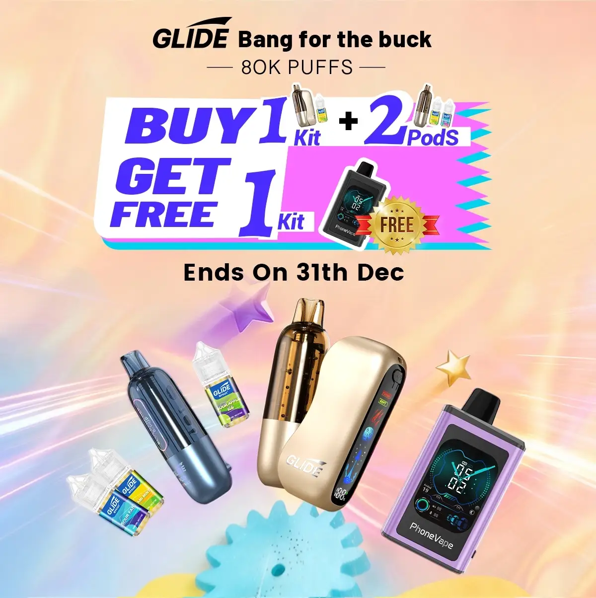【Buy 1 + 2 Get 1 Free】BYKUX GLIDE 80K Puffs Replaceable Vape Combo Sales 【1 Kit + 2 Pods】