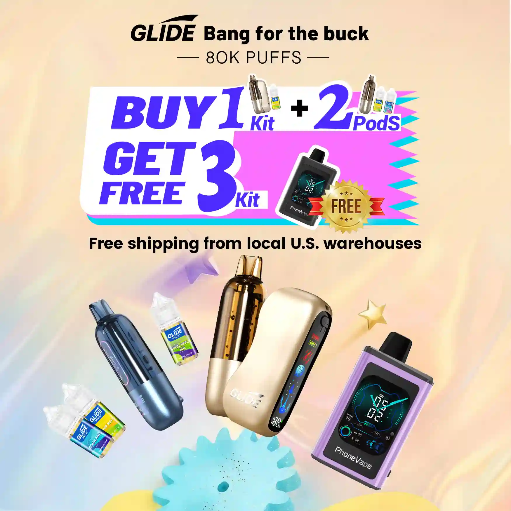 【Buy 1 + 2 Get 1 Free】BYKUX GLIDE 80K Puffs Replaceable Vape Combo Sales 【1 Kit + 2 Pods】