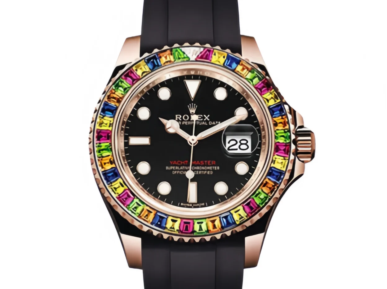 YACHT MASTER 1 GOLDEN DIAMOND BEZEL BLACK DIAL RUBBER STRAP 40MM Super