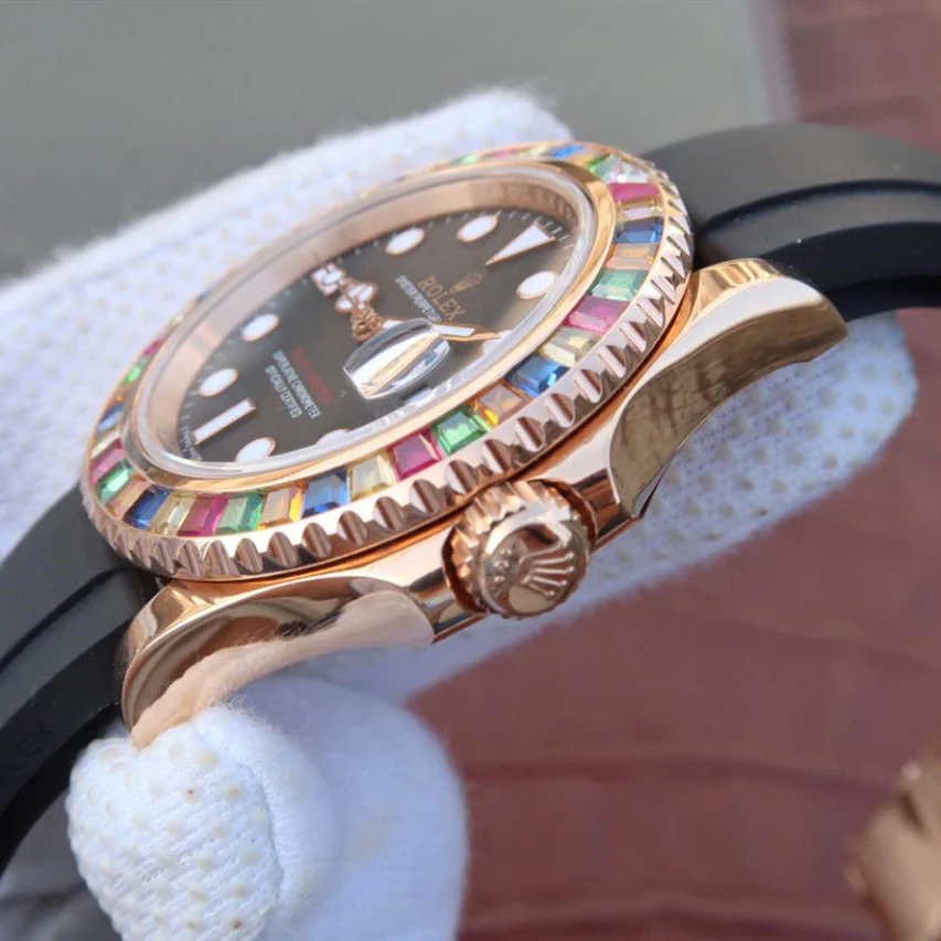 YACHT MASTER 1 GOLDEN DIAMOND BEZEL BLACK DIAL RUBBER STRAP 40MM Super