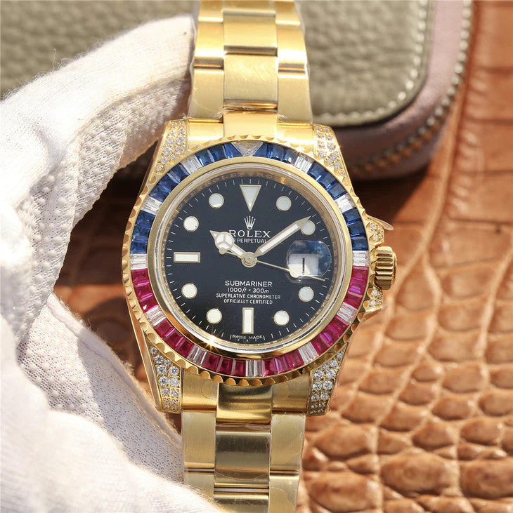 SUBMARINER GOLDEN BLUE / RED DIAMOND BLACK DIAL 40MM Super