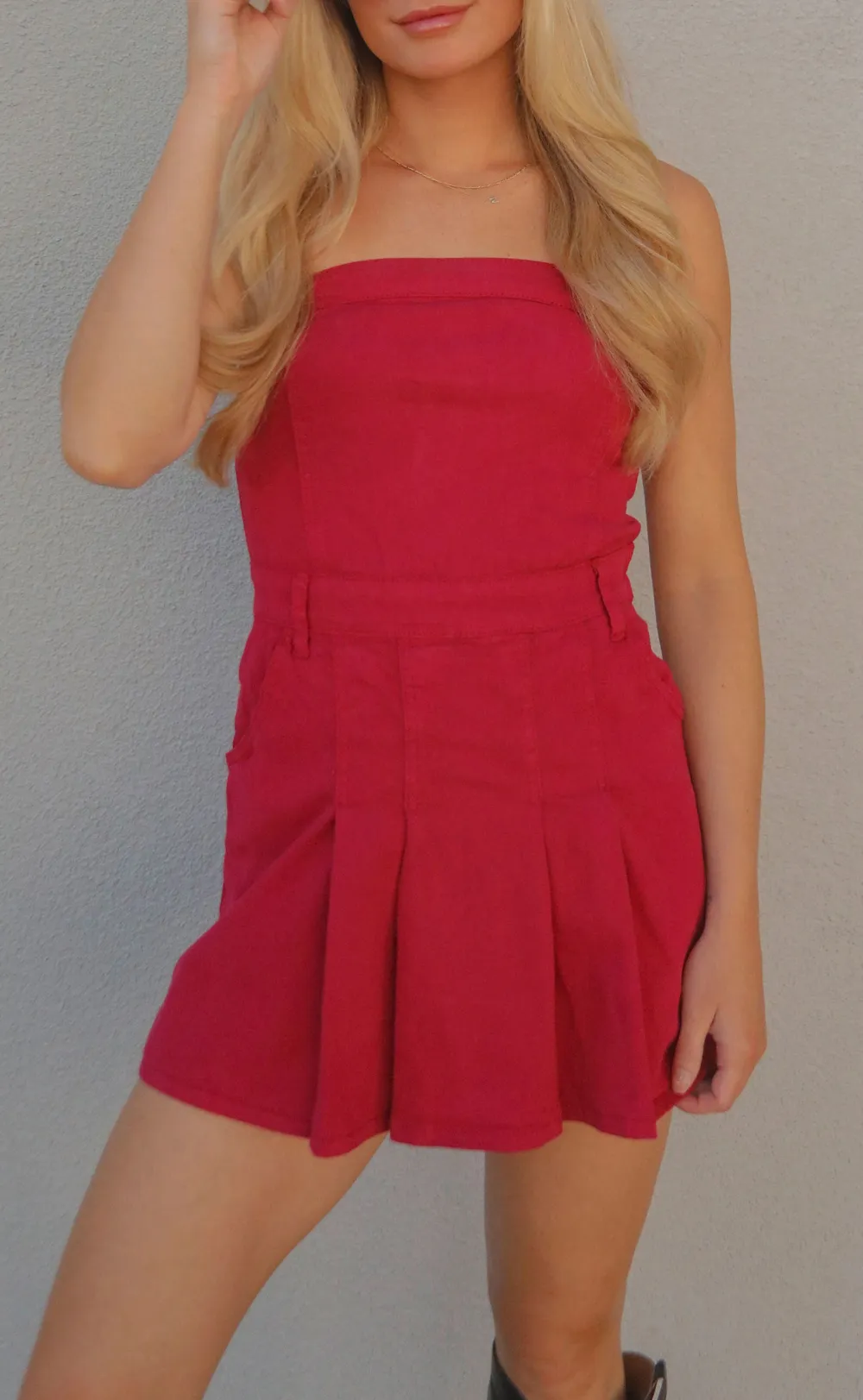 Red Strapless Pleated Mini Dress
