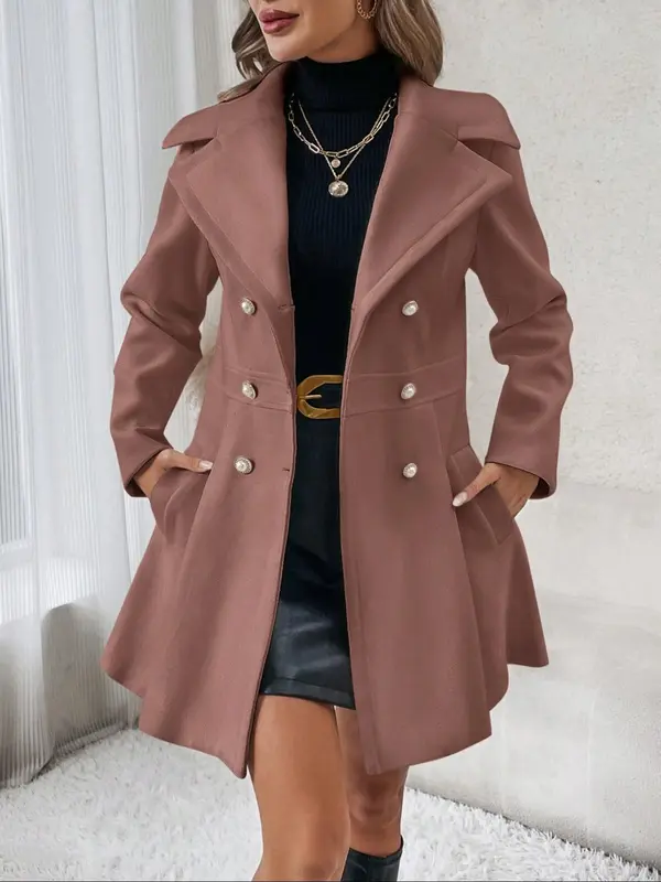 Women's Solid Double Button Pocket Overcoat
