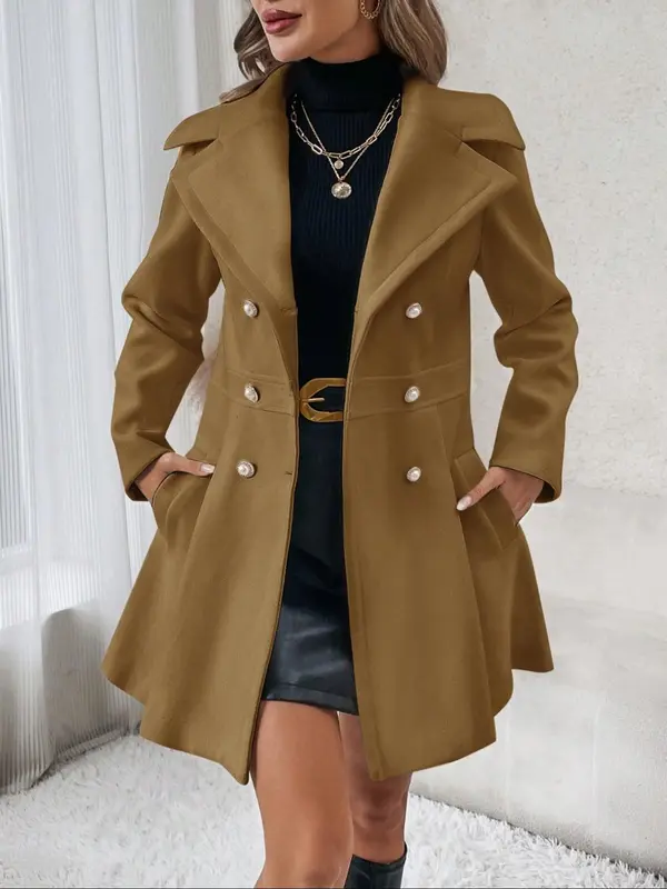 Women's Solid Double Button Pocket Overcoat