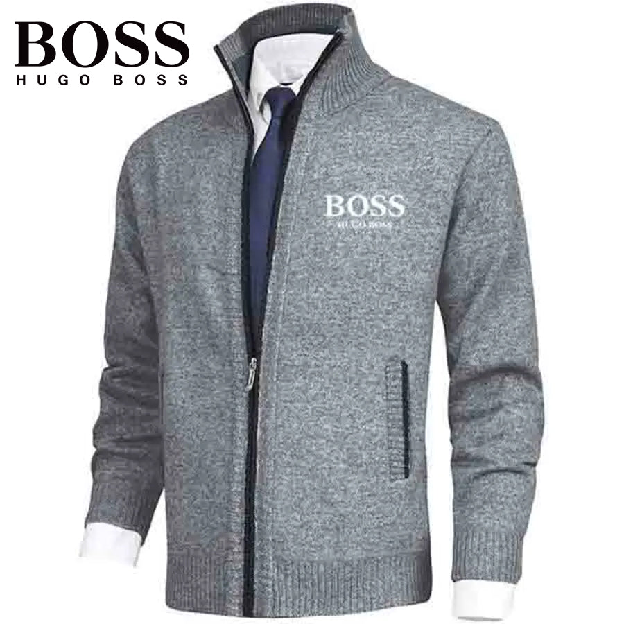 Men's Solid Color Stand Collar Knitted Sweater Jacket