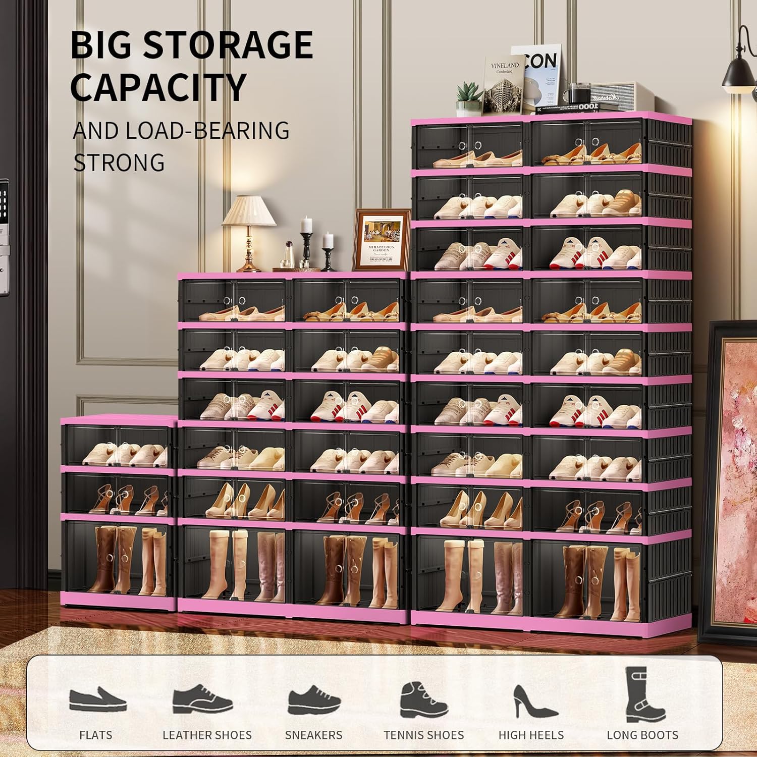 9-Tier Foldable Shoe Rack Organizer for Closet,36 Pairs Collapsible Plastic Shoe Shelf,Large Shoes Cabinet with Door,Clear Stackable Storage Box Easy Assembly（Black-pink）