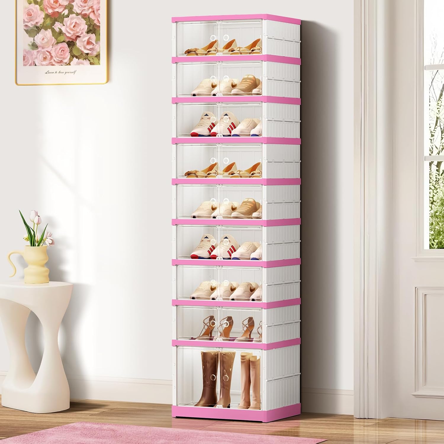 9-Tier Foldable Shoe Rack Organizer for Closet,36 Pairs Collapsible Plastic Shoe Shelf,Large Shoes Cabinet with Door,Clear Stackable Storage Box Easy Assembly（Black-pink）
