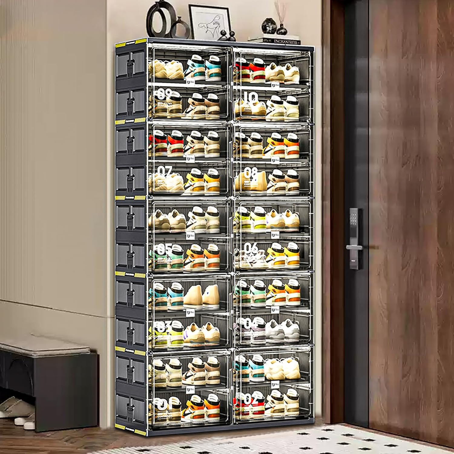 40 Pairs Portable Shoe Storage Cabinent of 3-Step Fast Installation,Plastic Shoe Box with Magnetic Clear Door for Entryway, Enclosed Shoe Rack for Sneaker, Heels etc.. (2Row, 10Tier)