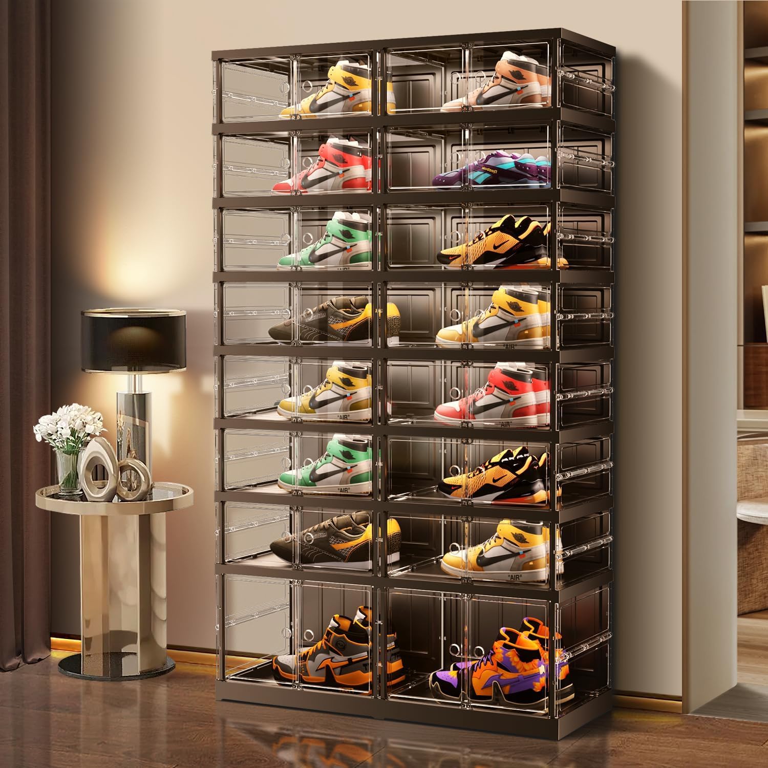 Foldable Shoe Boxes Large Plastic Shoe Storage Rack Collapsible Shoe Organizer for Closet Clear Stackable Shoes Shelf Storage Cabinet with Doors Quick Assembly Black