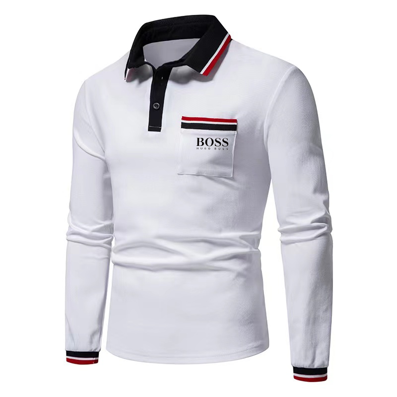 Men's Casual Color Block Long Sleeve Polo Shirt