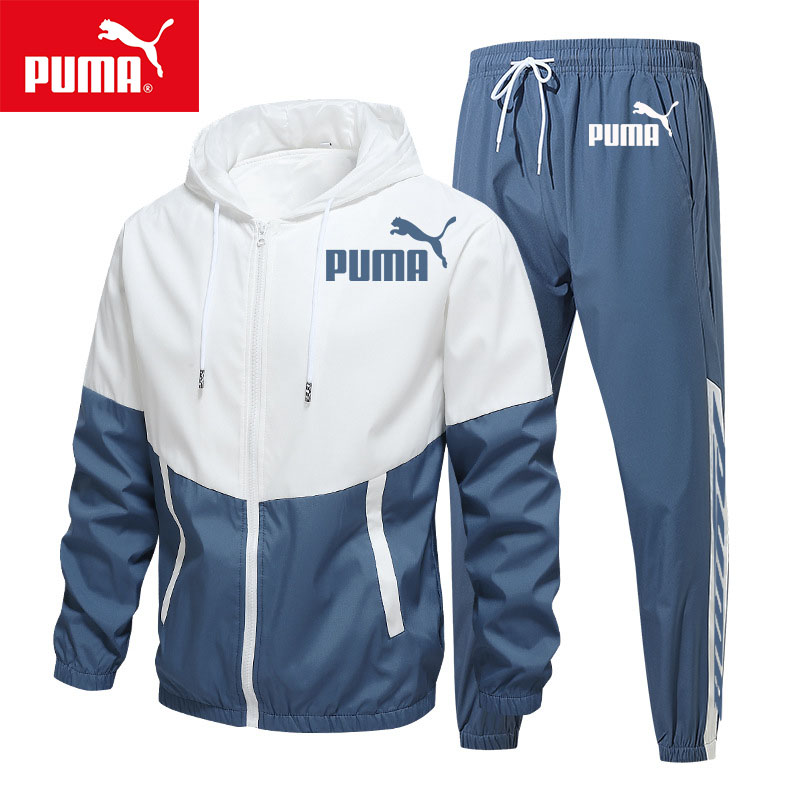 Dwuczęściowy, codzienny ubiór męski PUMA, modna bluza z kapturem zapinana na suwak w blokach kolorów, oddychające, jednokolorowe spodnie ze ściągaczem (promocja na aktywność fizyczną, kup jeden, a drugi dostaniesz gratis)