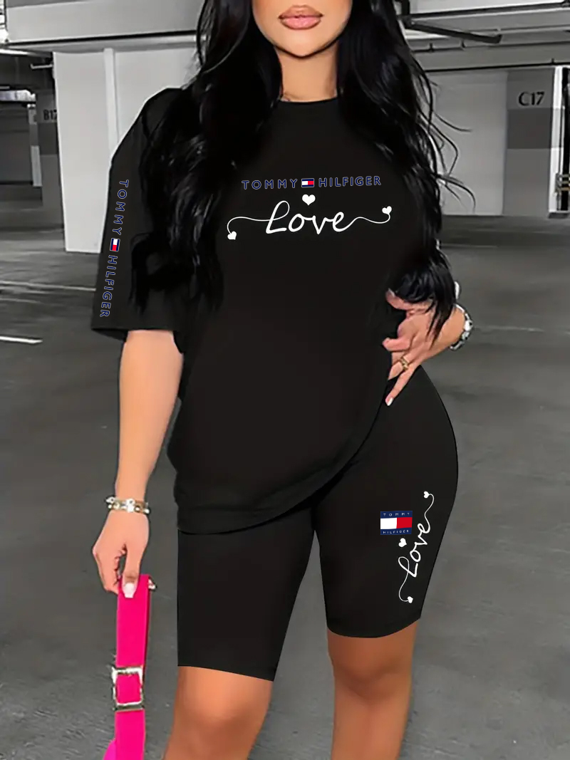 Letter Print Lounge Set, Short Sleeve Loose Top & Biker Shorts, Women's Loungewear & Sleepwear