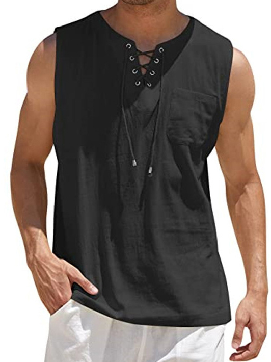 Men's Lace-Up Solid Color Cotton Linen Vest Shirt